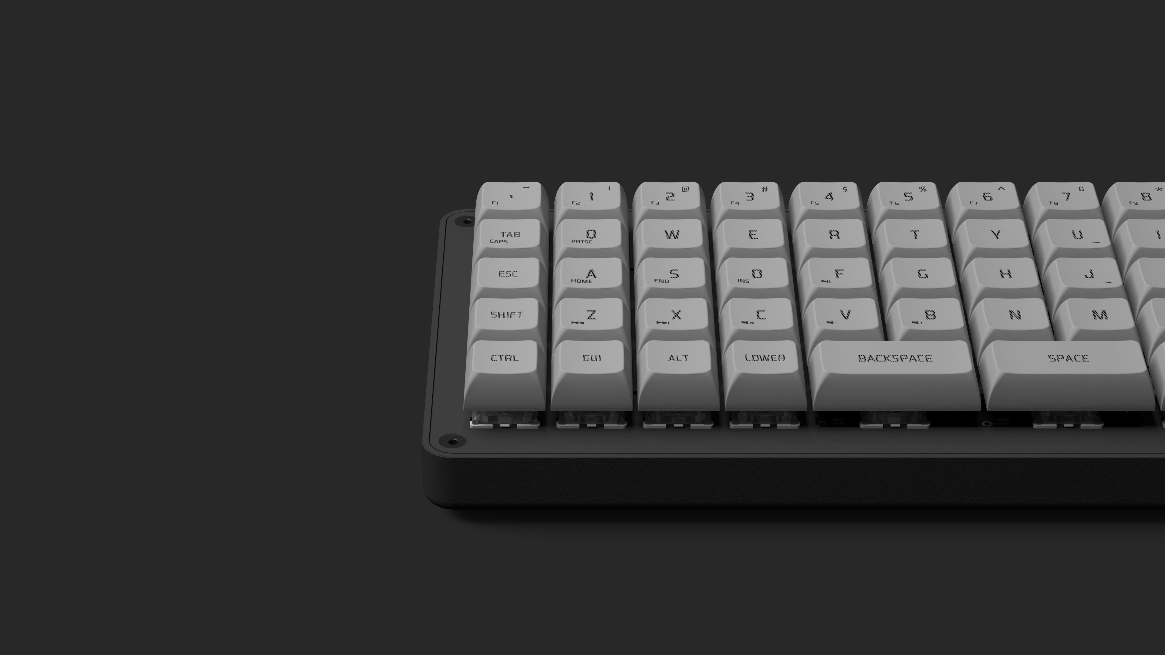 3/4 view of Gizmo Engineering GK6 Black Knight keyboard
